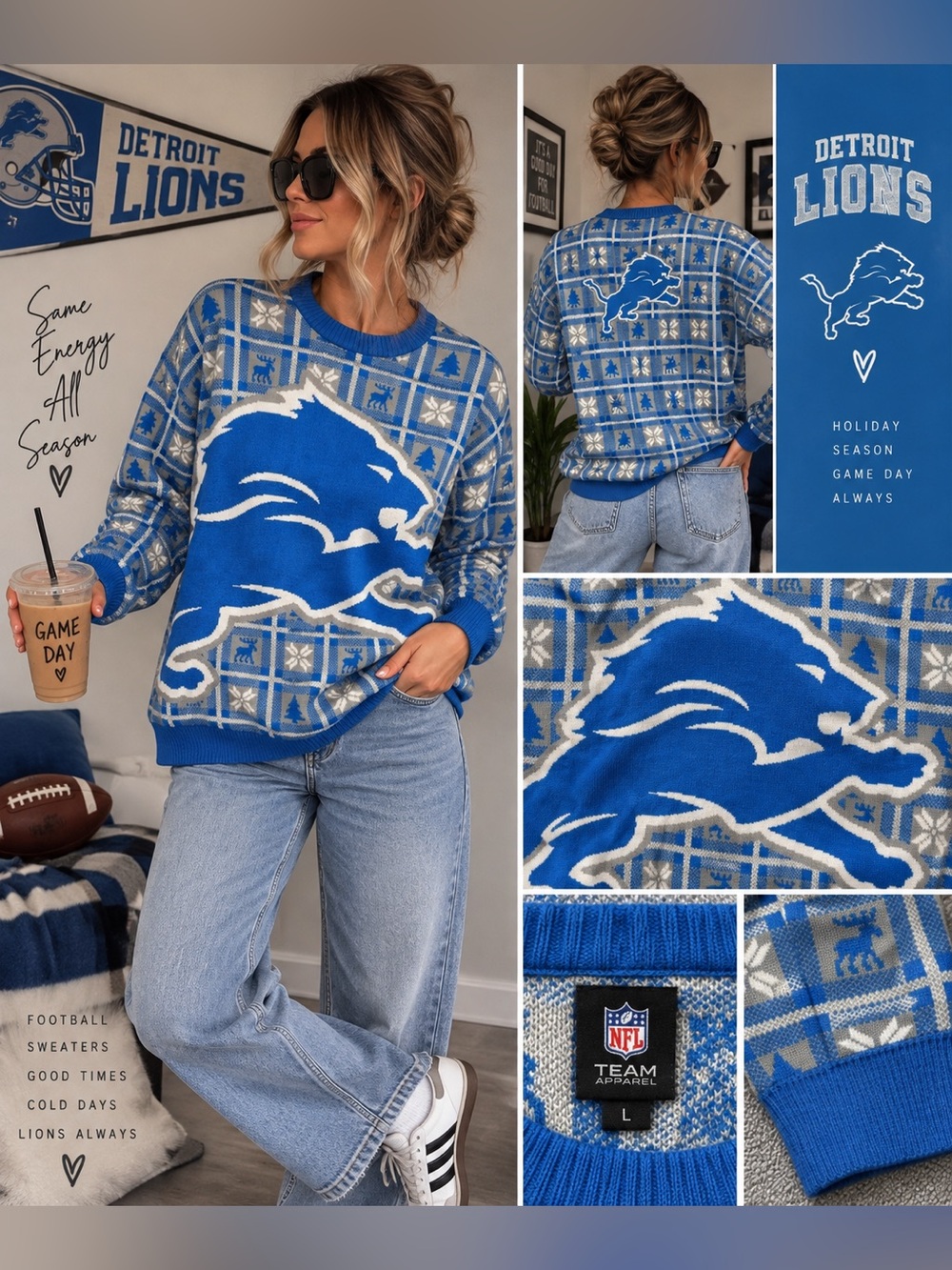 Detroit Lions NFL Ugly Christmas Sweater Holiday Knit Blue Gray Large